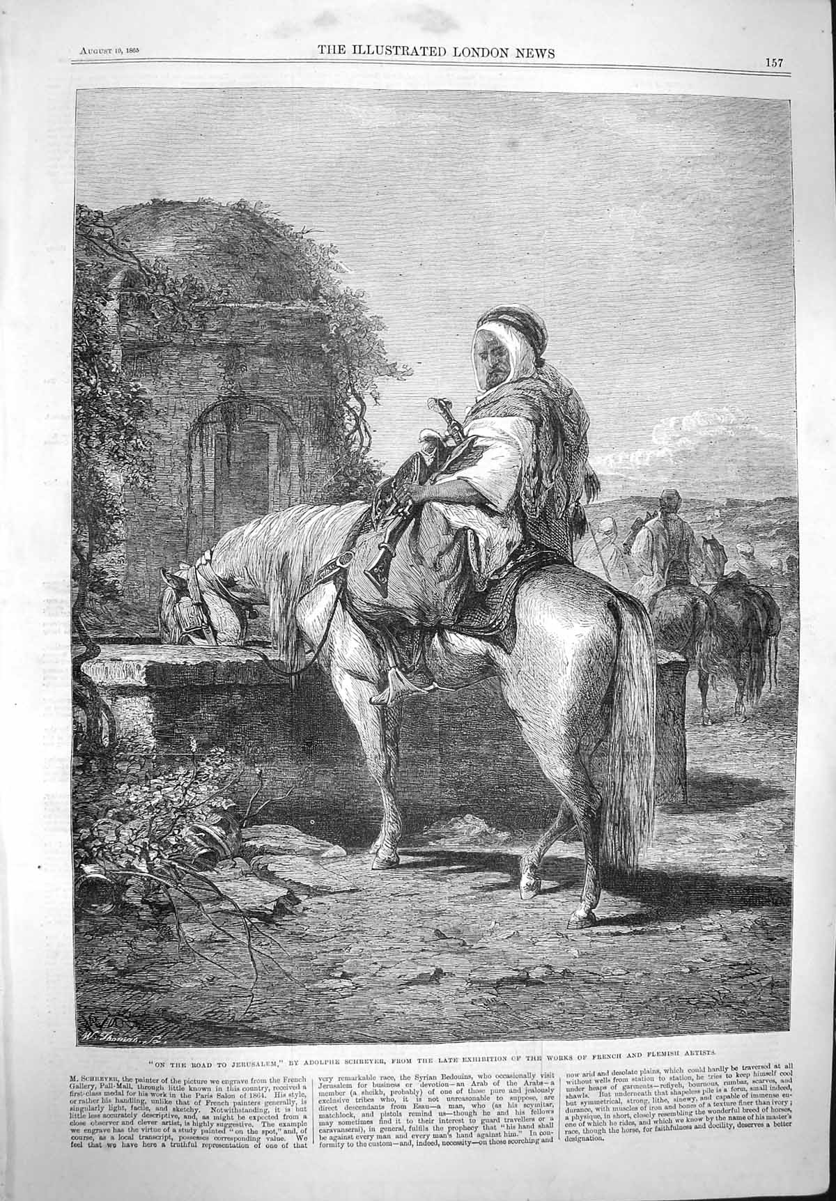 Original Old Antique Print 1865 Scene Road Jerusalem Man Horse Drinking Well