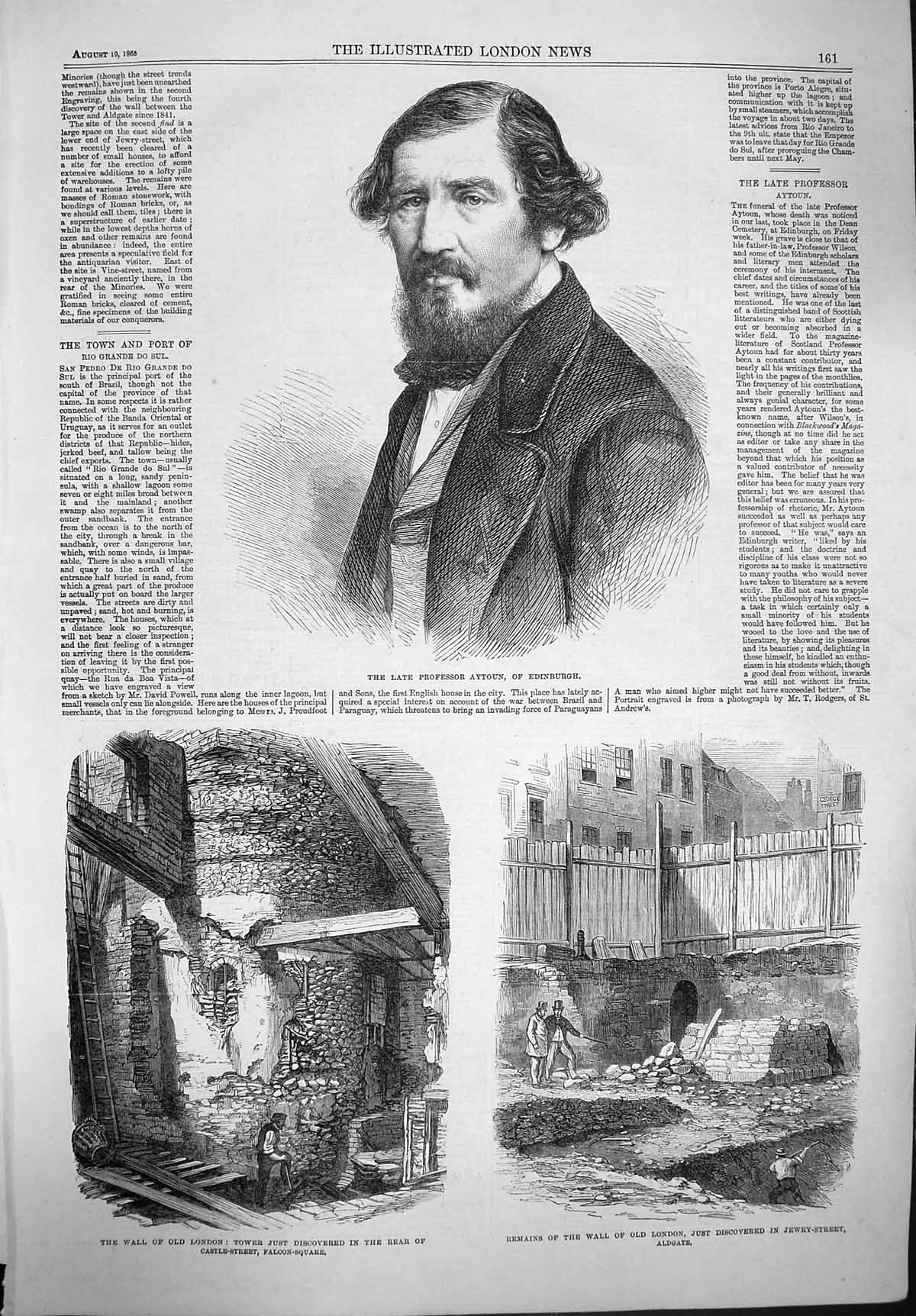 Original Old Antique Print 1865 Professor Aytoun Edinburgh London Wall Aldgate