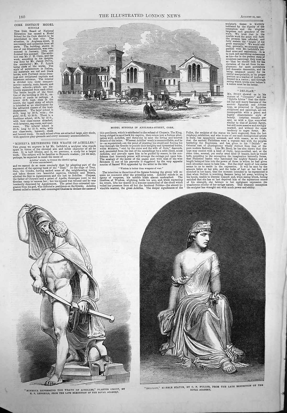 Old Antique Print 1865 Model School Cork Statue Delilah Minerva Achilles 19th
