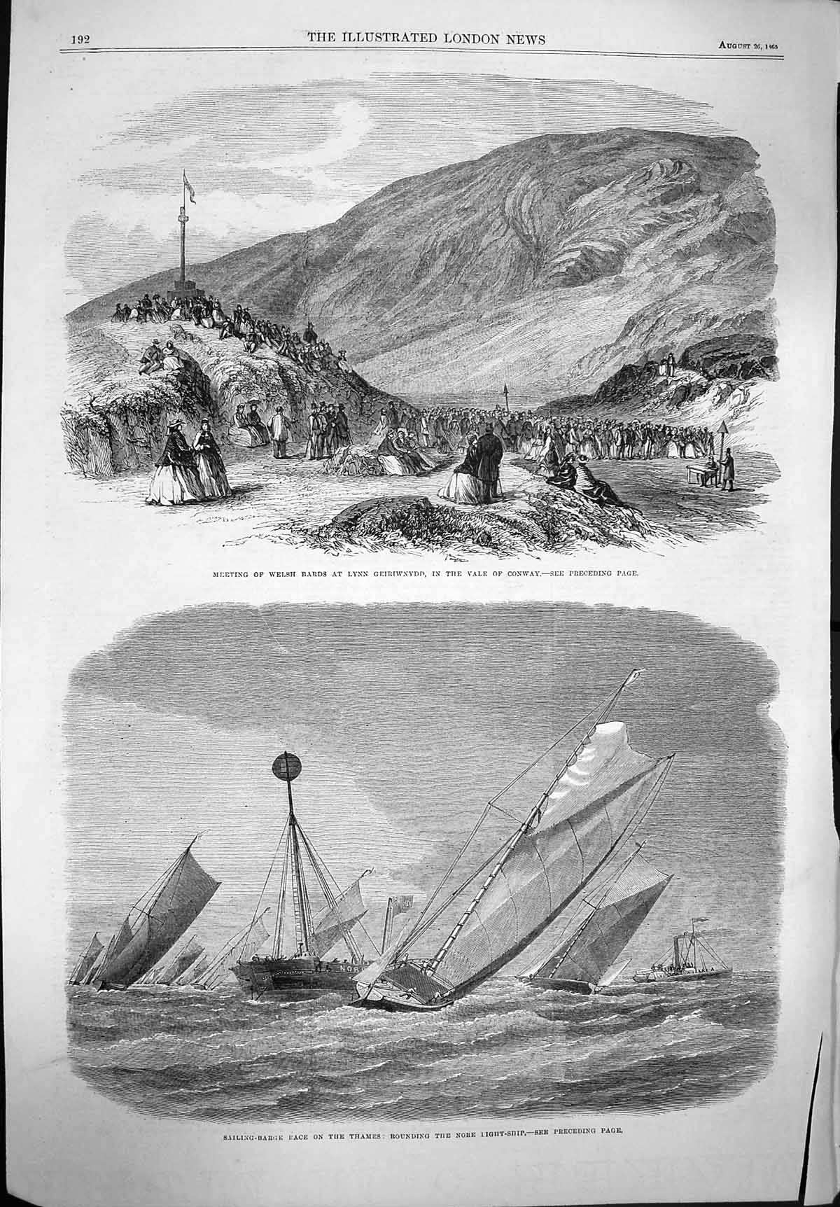 Original Old Antique Print 1865 Welsh Bards Lynn Geiriwnydd Conway Ships Thames