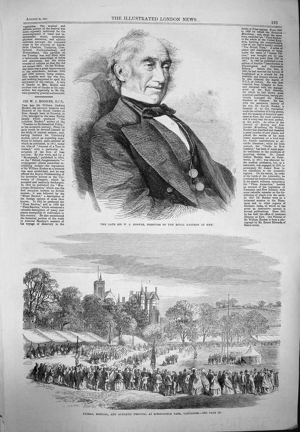 Old Antique Print 1865 Hooker Royal Gardens Kew Festival Springfield Park 19th