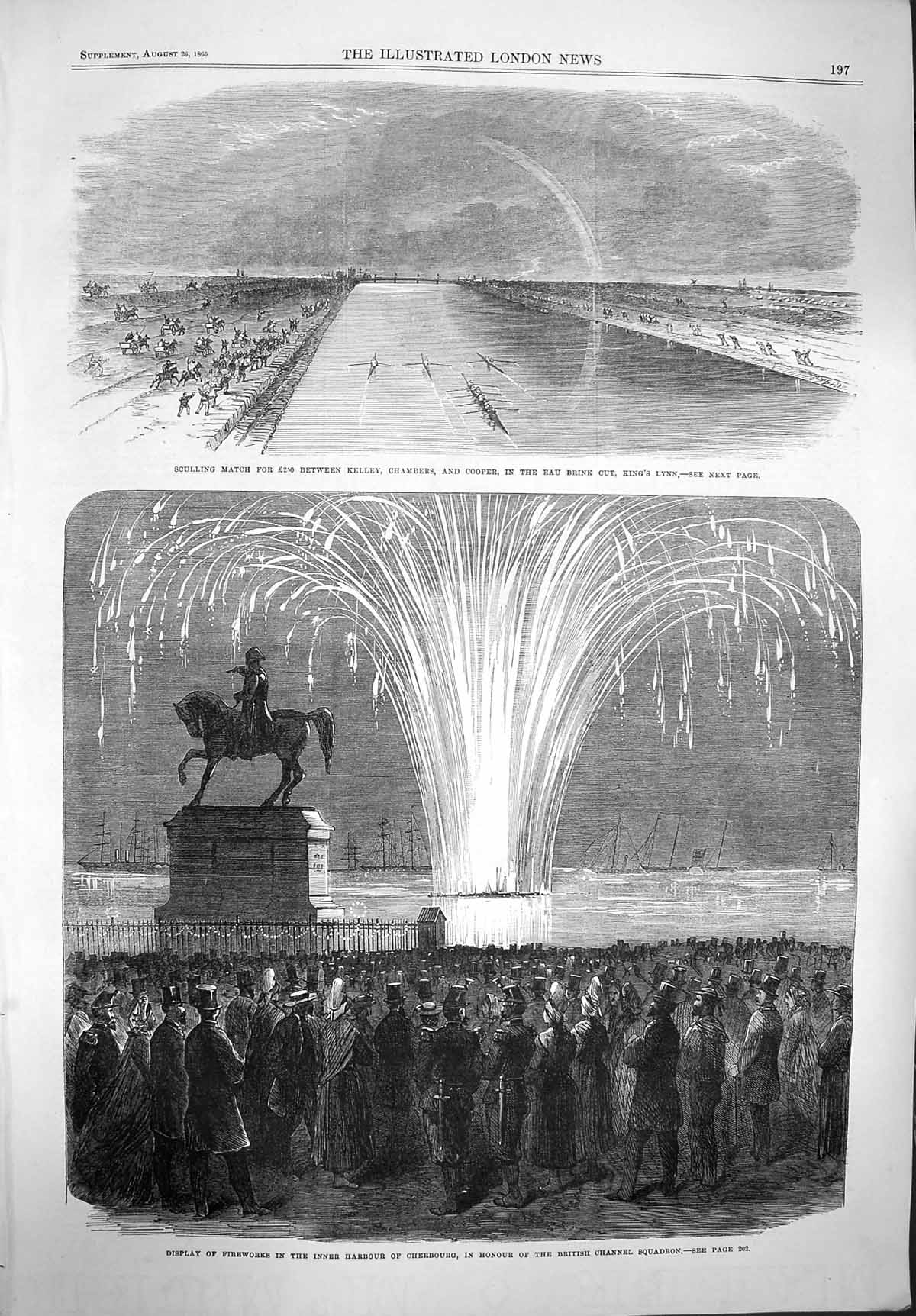 Old Antique Print 1865 Fireworks Herbour Cherbourg Sculling Kelley Cooper 19th