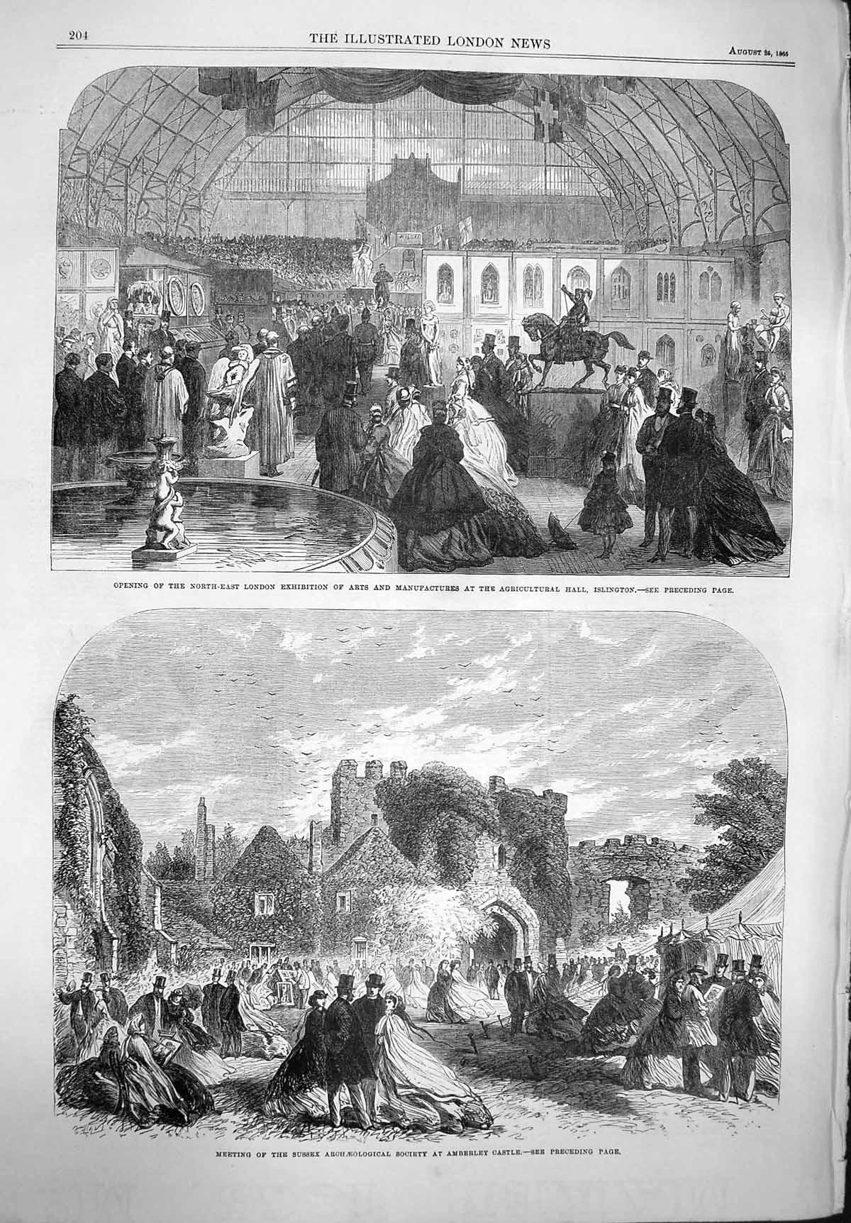 Old Antique Print 1865 London Exhibition Arts Islington Amberley Castle 19th