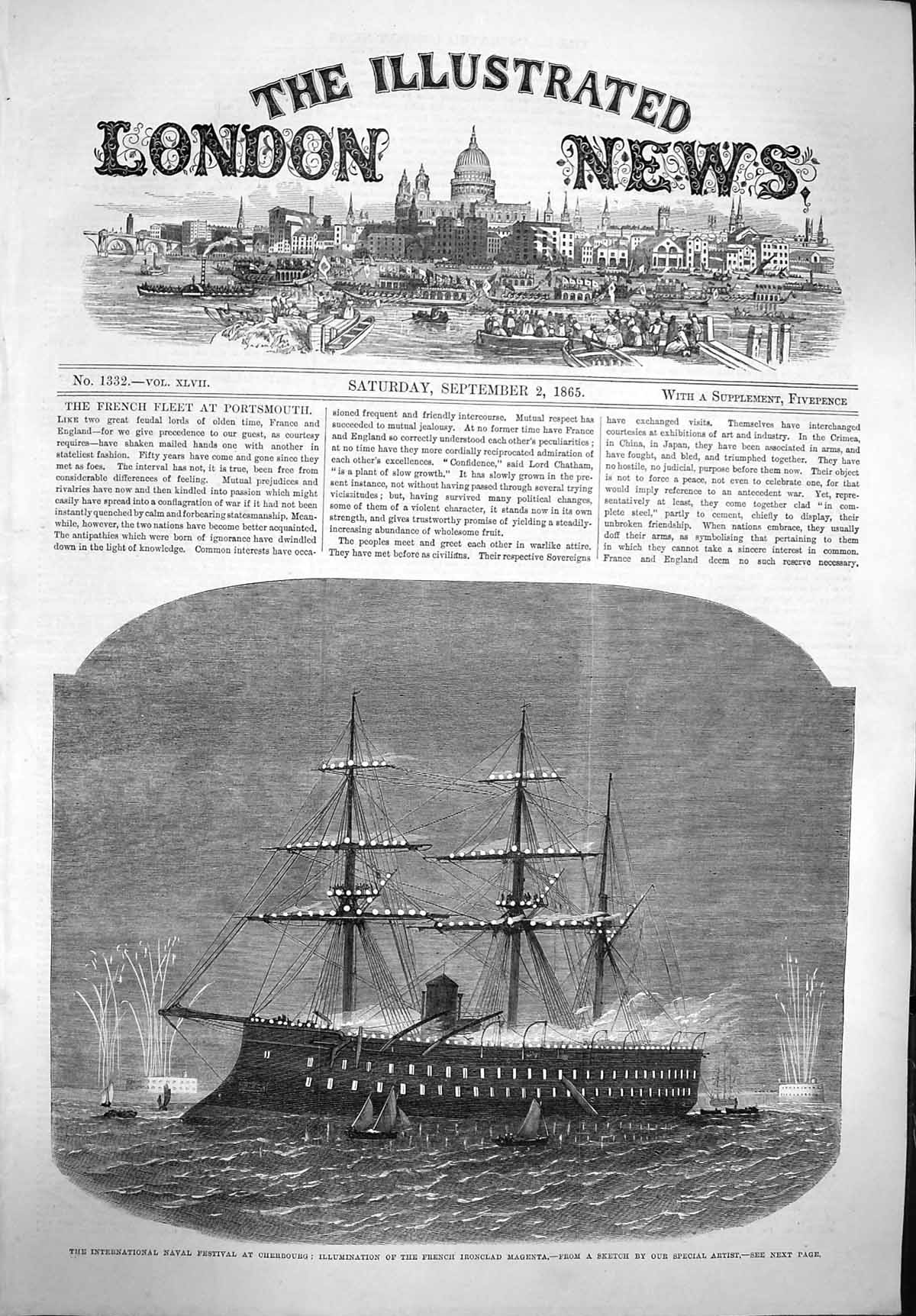 Old Antique Print 1865 Navy Festival Cherbourg French Ship Magenta Lights 19th