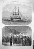 Original Old Antique Print 1865 British Ship Yachts Hotel De Ville Officers War