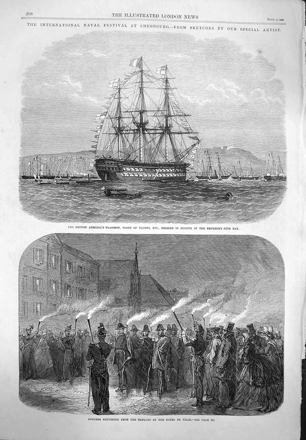 Original Old Antique Print 1865 British Ship Yachts Hotel De Ville Officers War