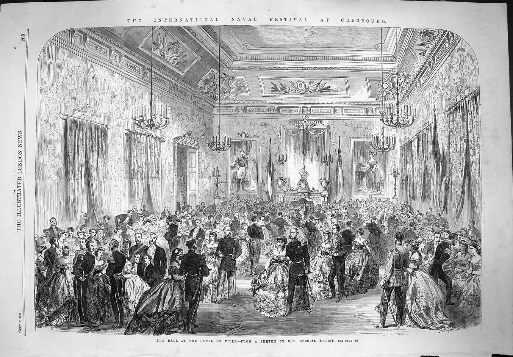 Original Old Antique Print 1865 Naval Festival Cherbourg Ball Hotel De Ville