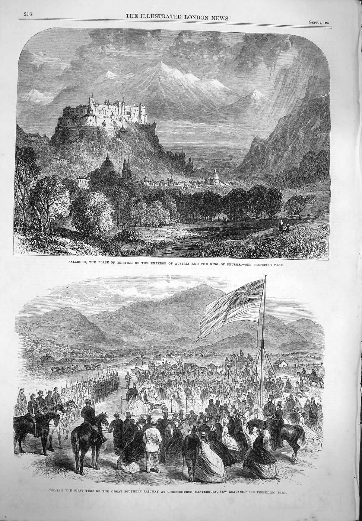 Original Old Antique Print 1865 Salzburg Emperor Austria Prussia Railway 19th