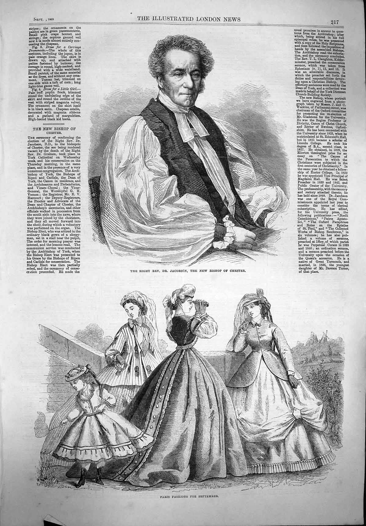 Original Old Antique Print 1865 Rev. De Jacobson Bishop Chester Paris Fashion
