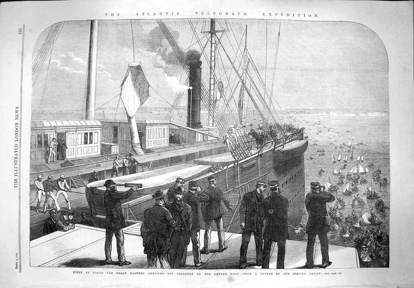 Original Old Antique Print 1865 Great Eastern Ship Brighton Atlantic Telegraph