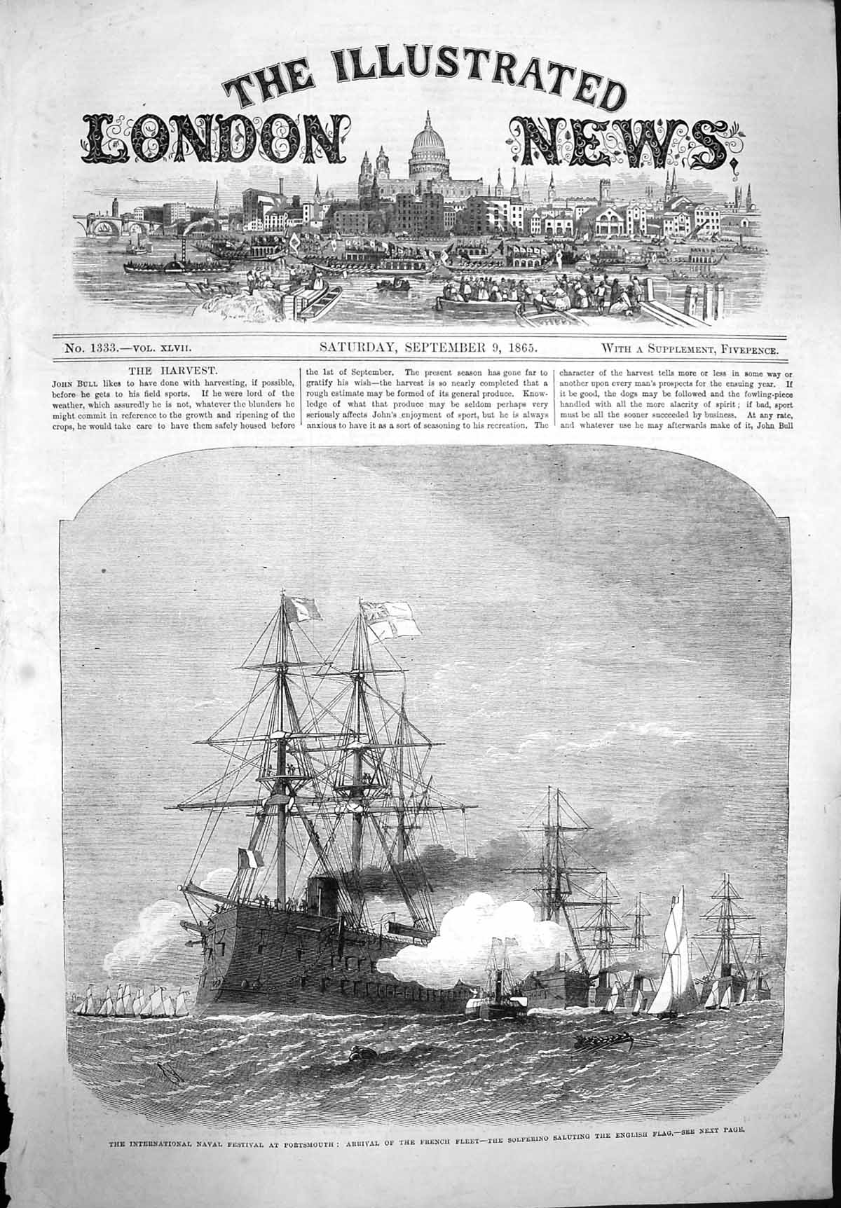 Original Old Antique Print 1865 Navy Festival Portsmouth French Ships Solferino