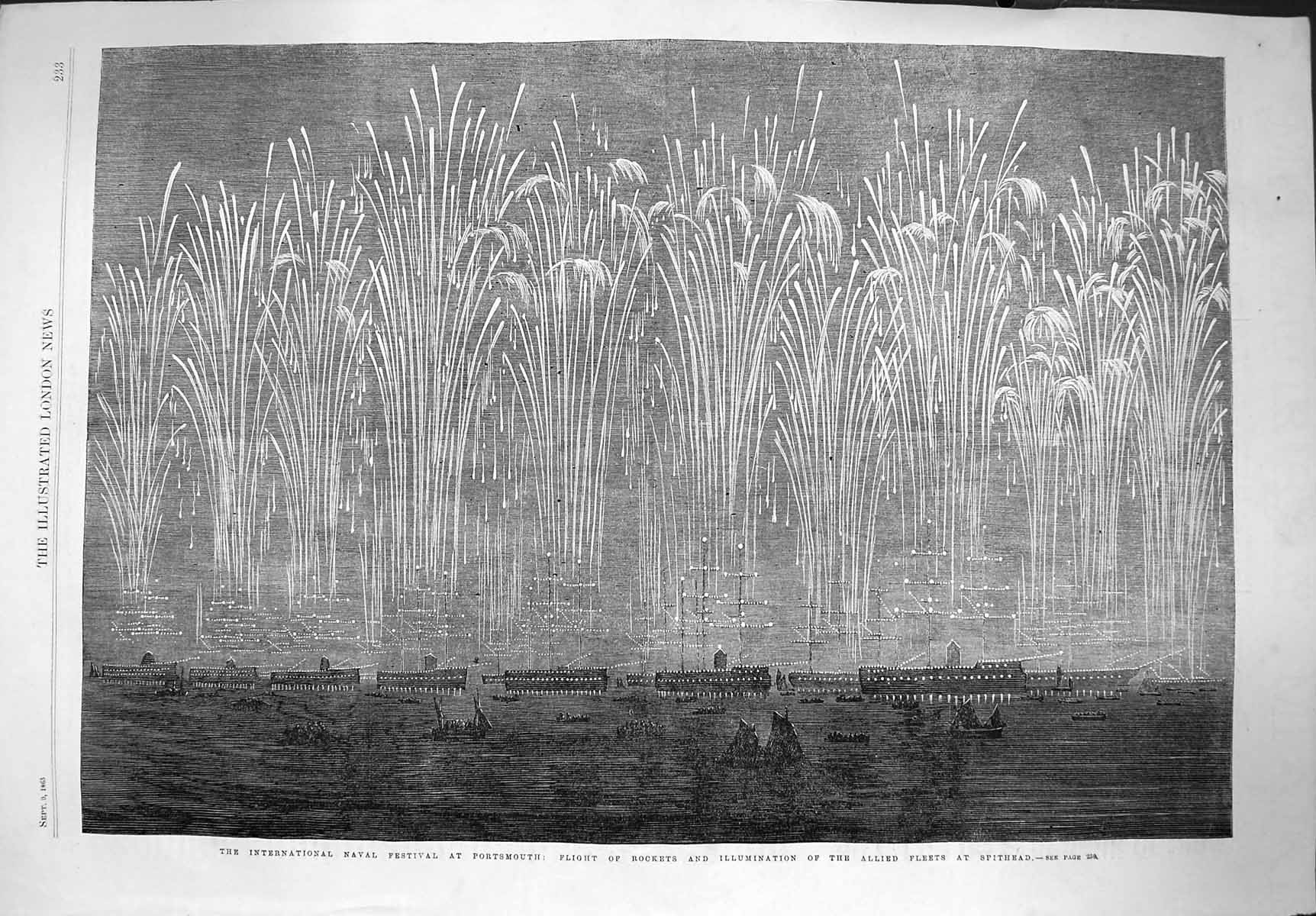 Old Antique Print 1865 Naval Festival Portsmouth Rockets Ships Spithead 19th