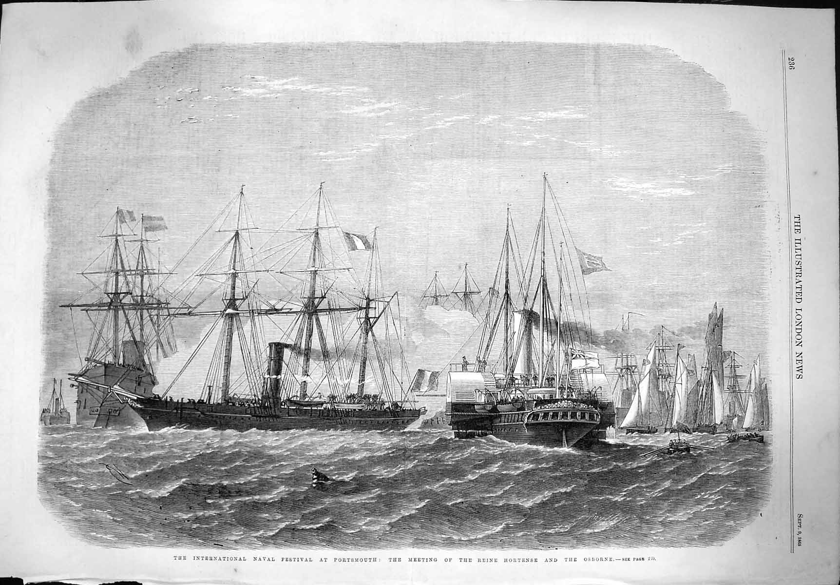 Original Old Antique Print 1865 Naval Fetival Portsmouth Hortense Osborne Ships