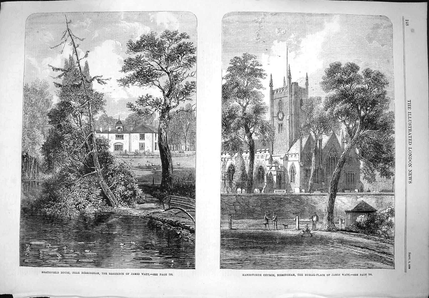 Old Antique Print 1865 Heathfield House Birmingham James Watt Handsworth 19th