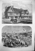 Original Old Antique Print 1865 Crown House Birmingham Alexandra Park ham 19th