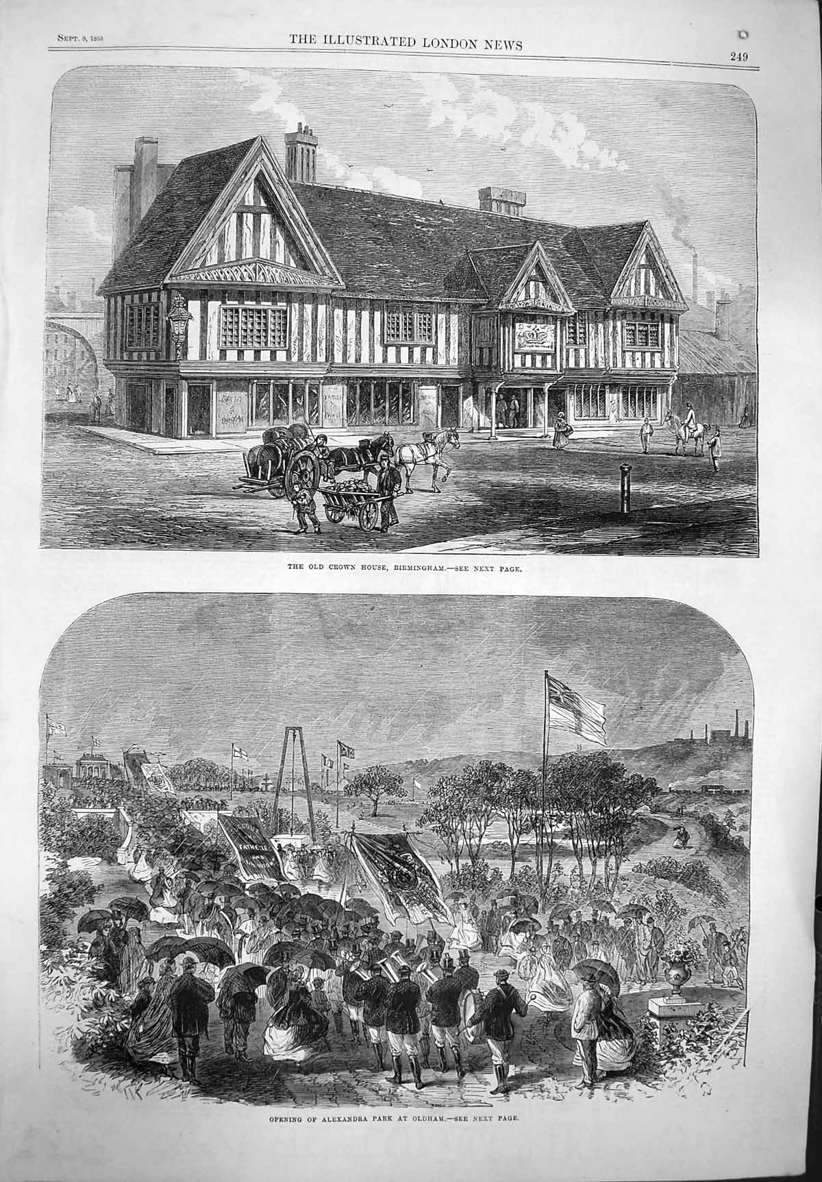 Original Old Antique Print 1865 Crown House Birmingham Alexandra Park ham 19th