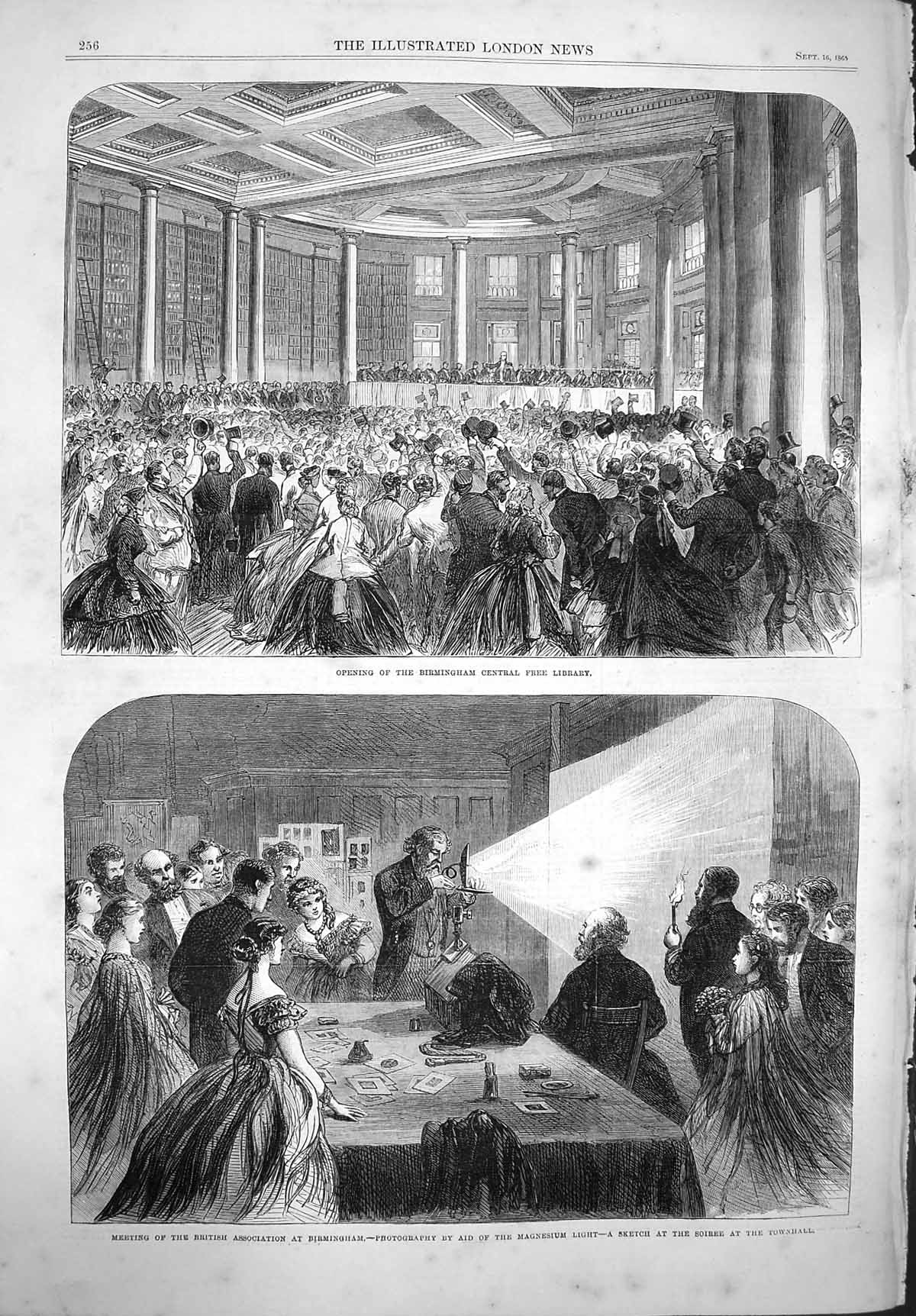 Original Old Antique Print 1865 Birmingham Central Free Library Magnesium Light