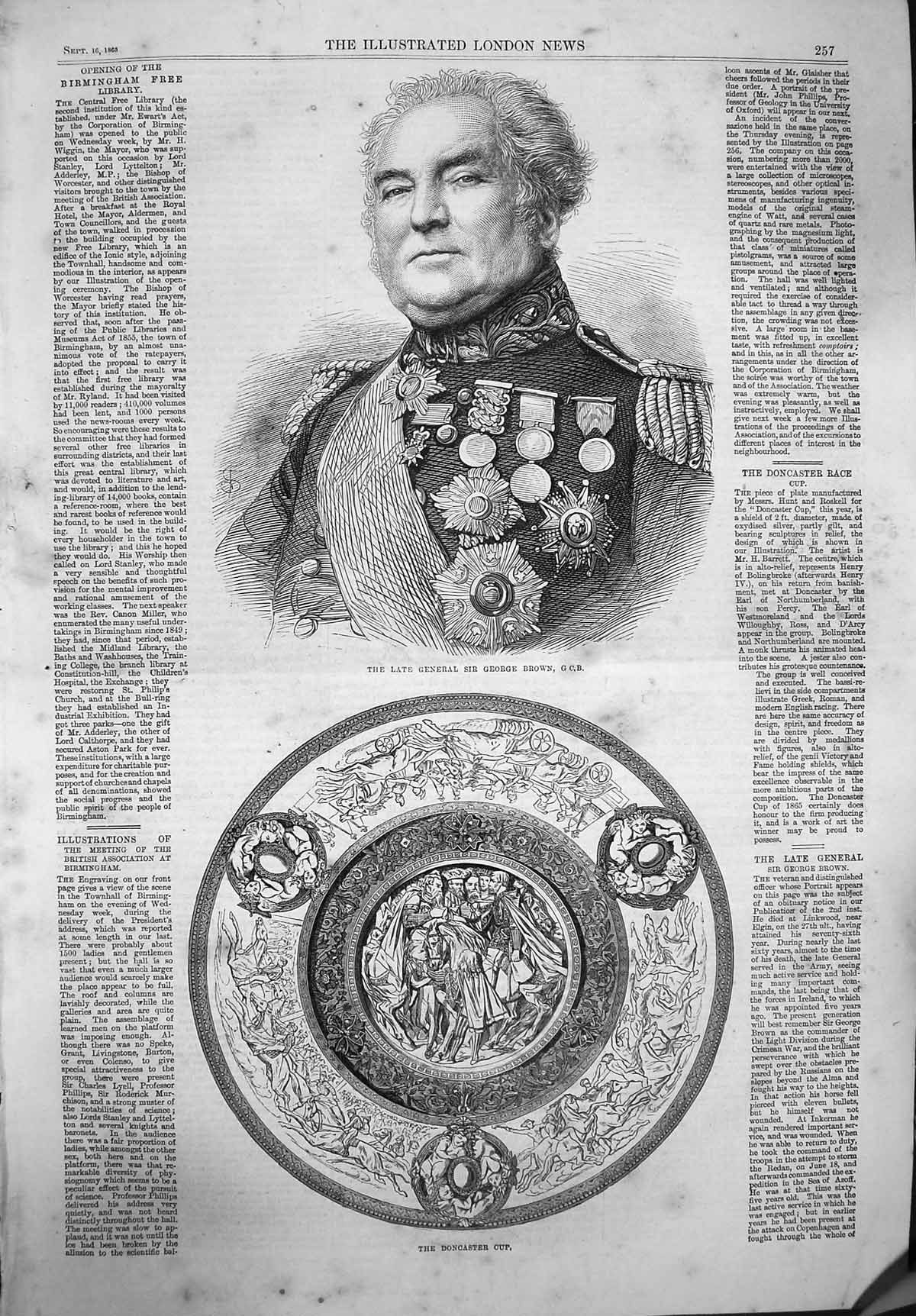 Original Old Antique Print 1865 General Sir George Brown Doncaster Cup Prize