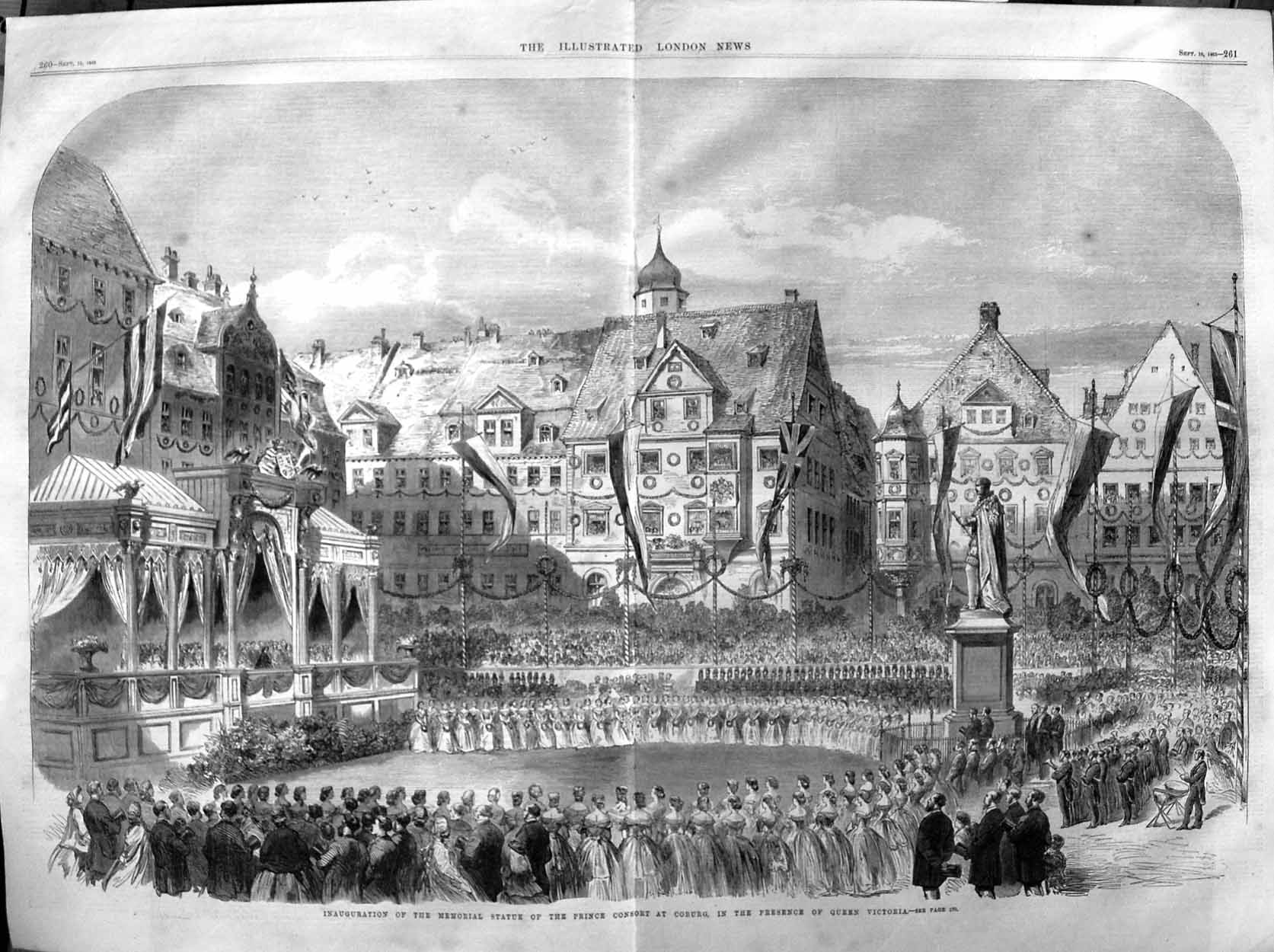 Original Old Antique Print 1865 Memorial Statue Prince Consort Coburg Victoria