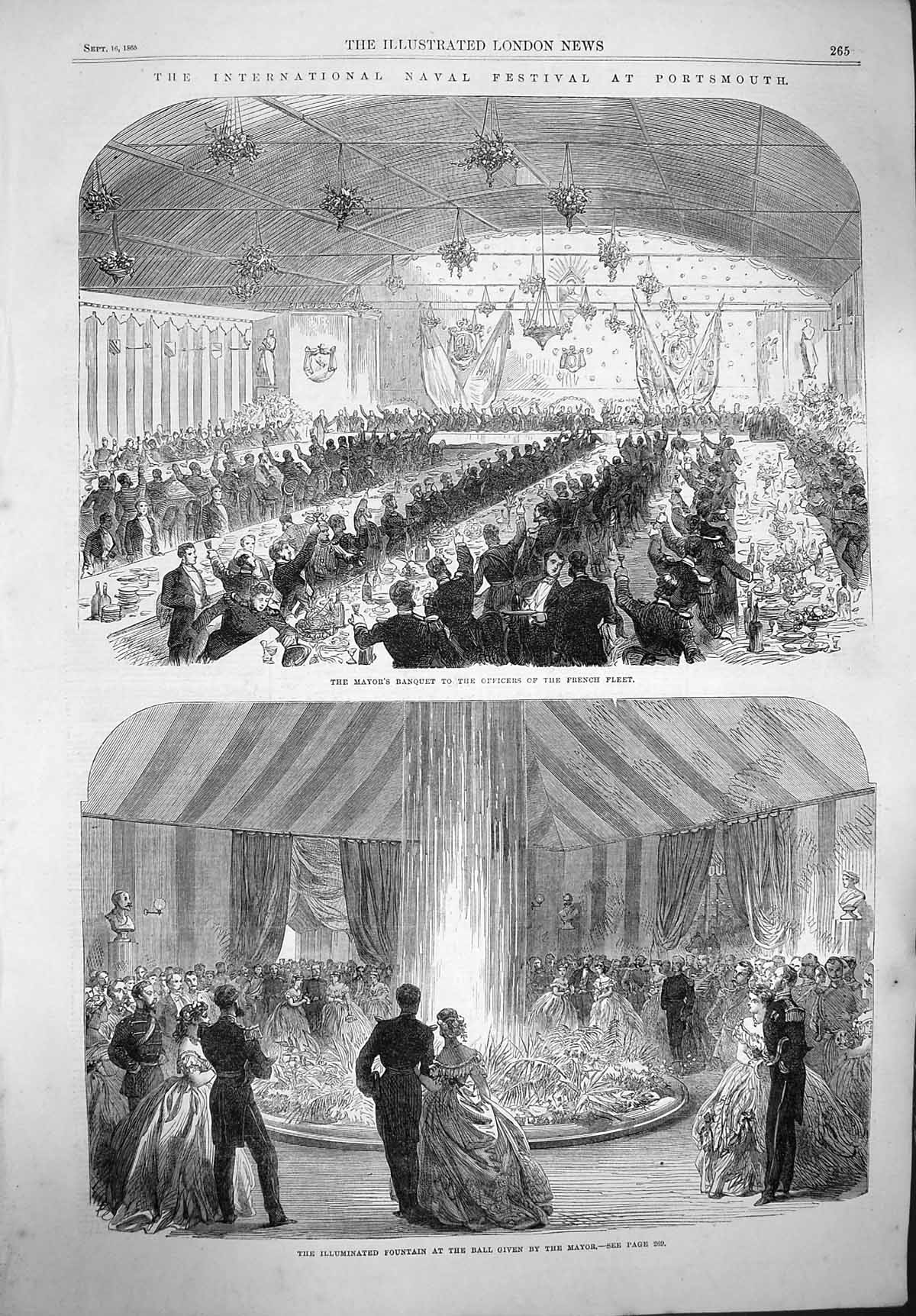 Original Old Antique Print 1865 Mayor Banquet Navy Festival Portsmouth Fountain
