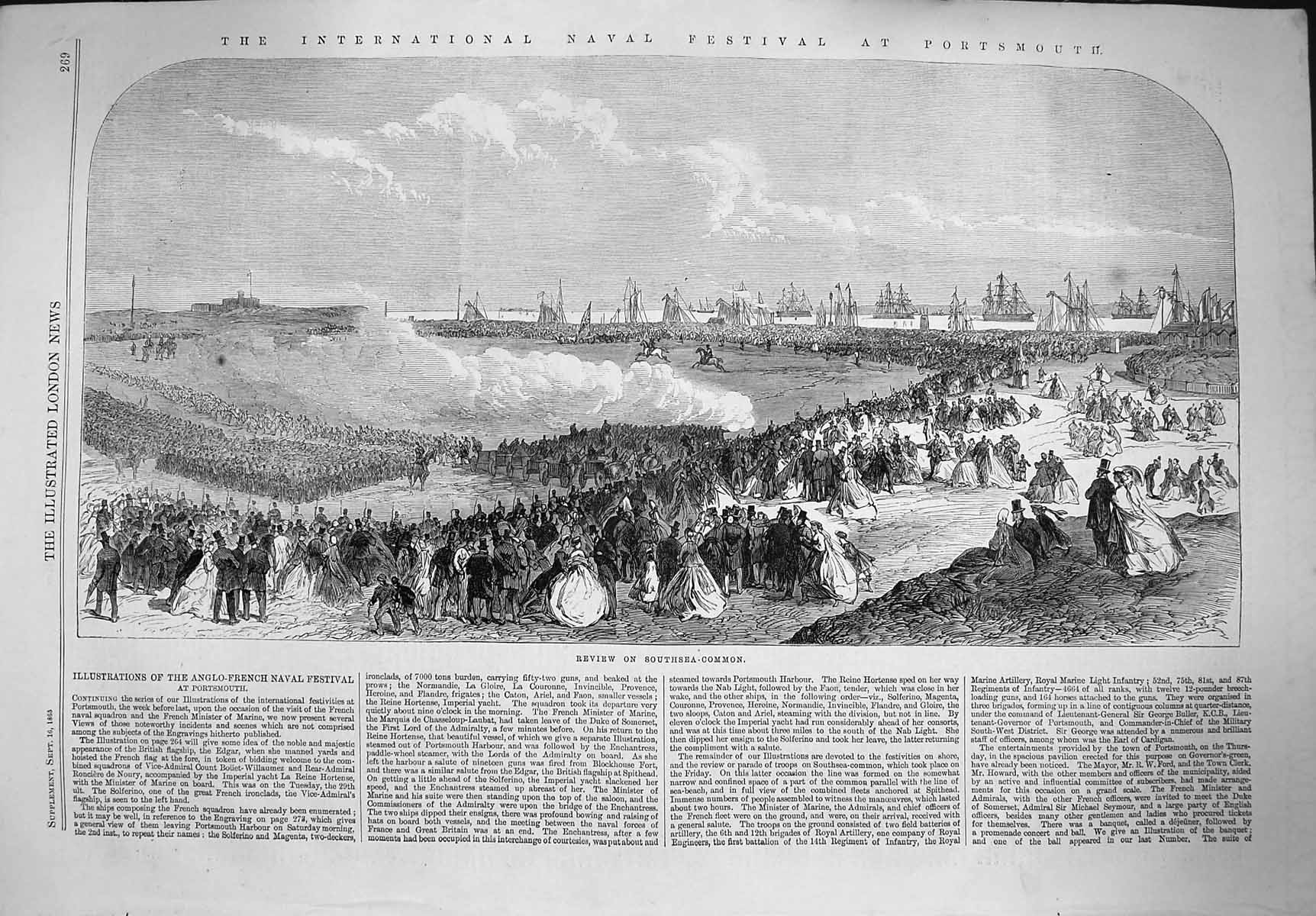 Original Old Antique Print 1865 Review Southsea Common Navy Festival Portsmouth