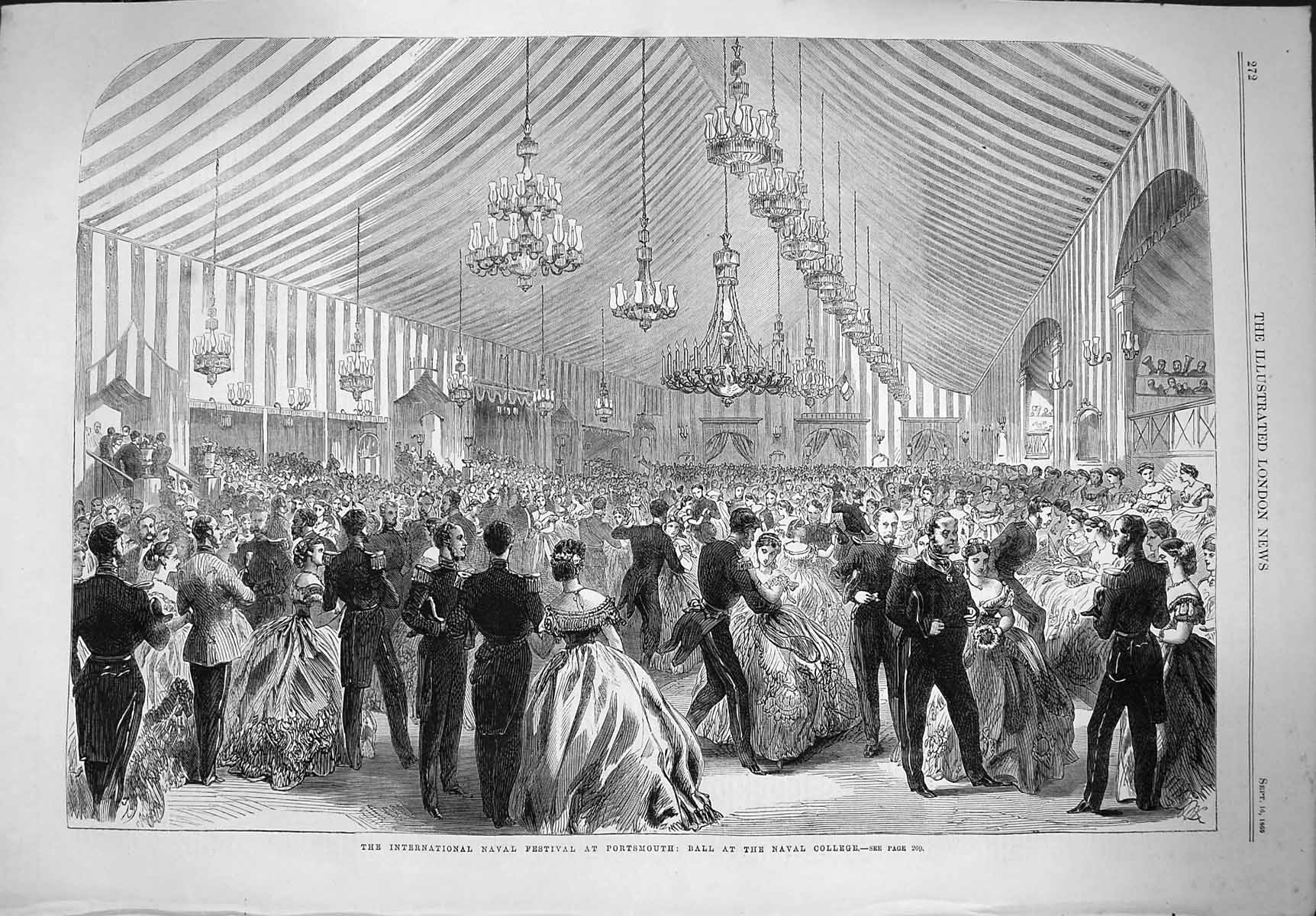 Original Old Antique Print 1865 Naval Festival Portsmouth Ball College Dancing