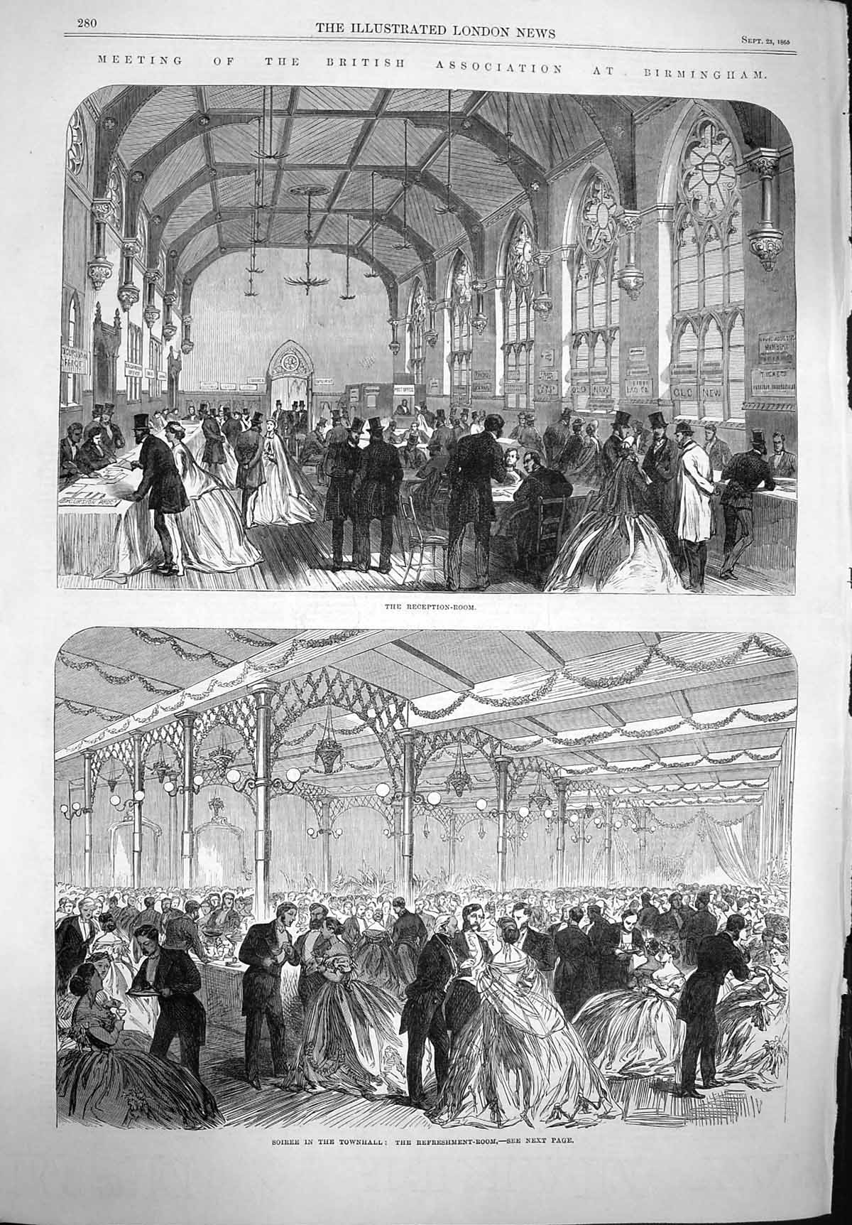 Original Old Antique Print 1865 British Association Birmingham Townhall Soiree