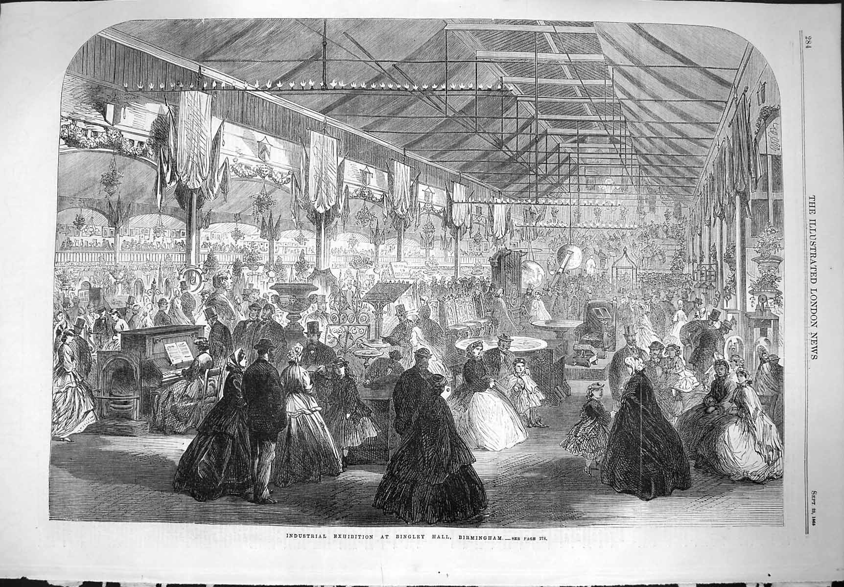 Original Old Antique Print 1865 Industrial Exhibition Bingley Hall Birmingham
