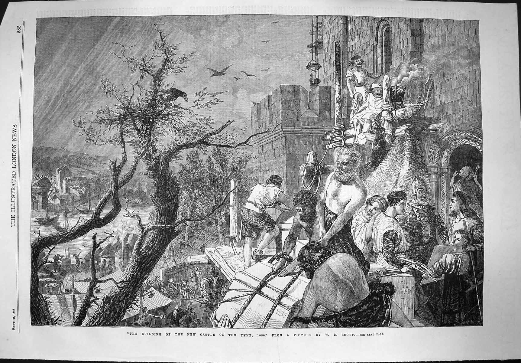 Original Old Antique Print 1865 Building New Castle Tyne 1080 Men Working Scott