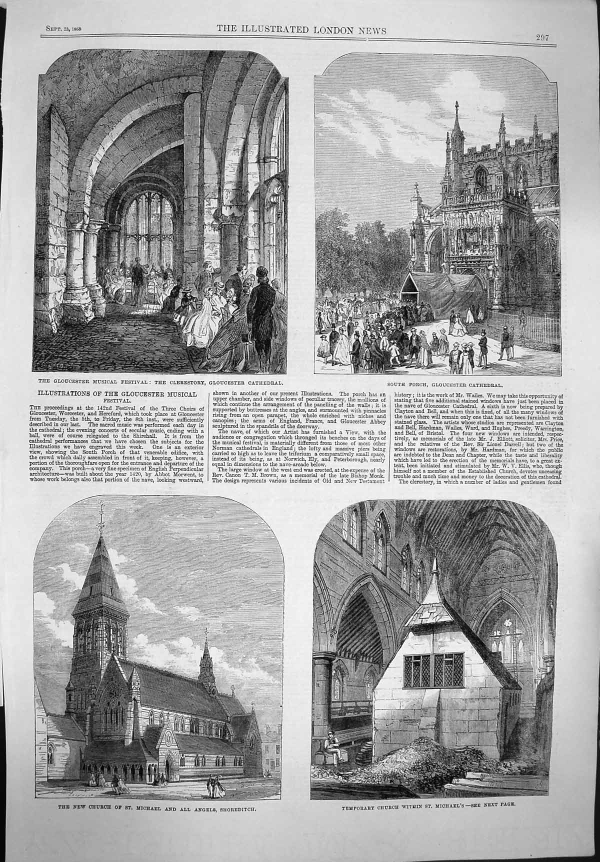 Original Old Antique Print 1865 Church Michael Shoreditch Gloucester Cathedral