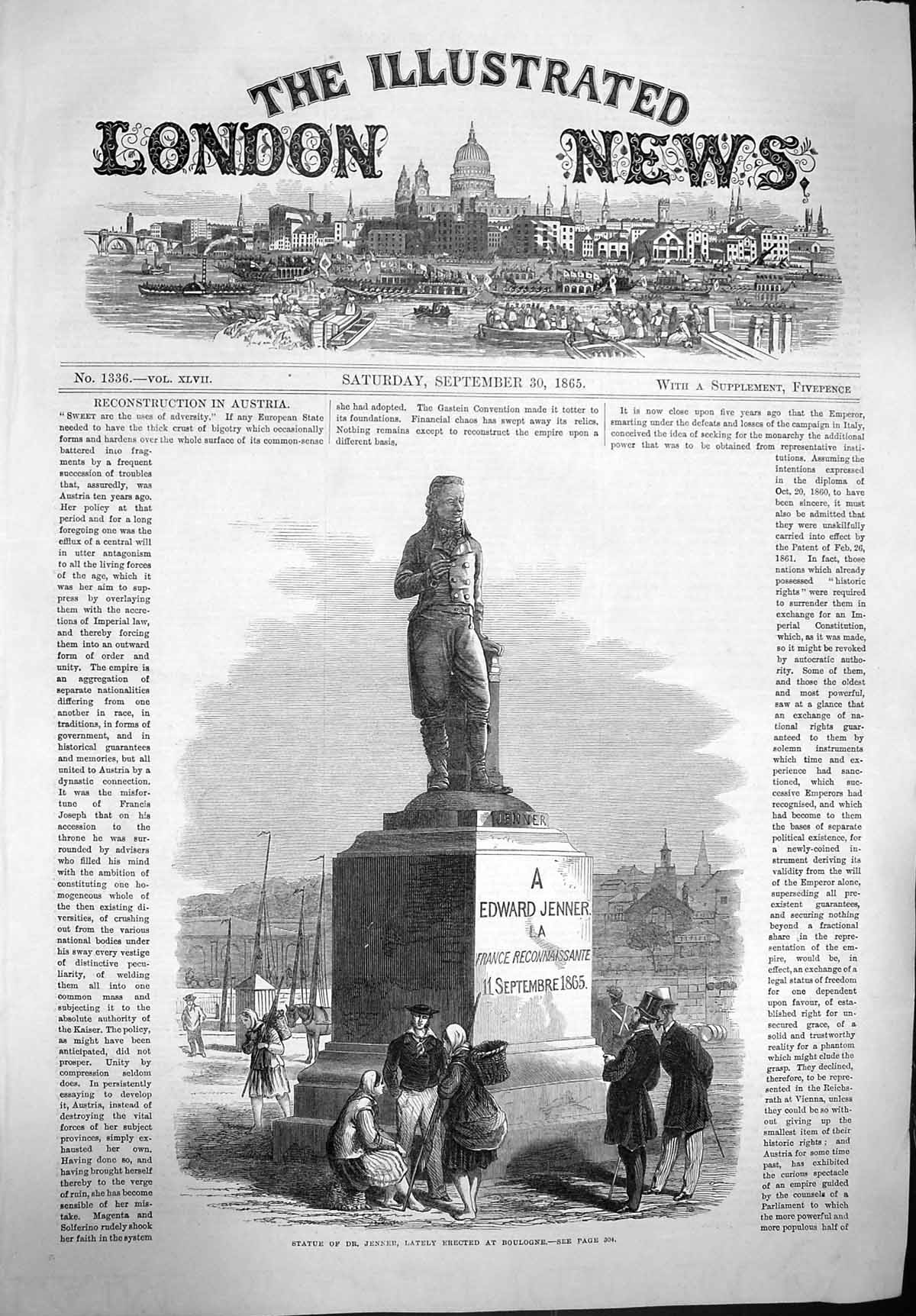Original Old Antique Print 1865 Statue Dr. Edward Jenner Boulogne 19th