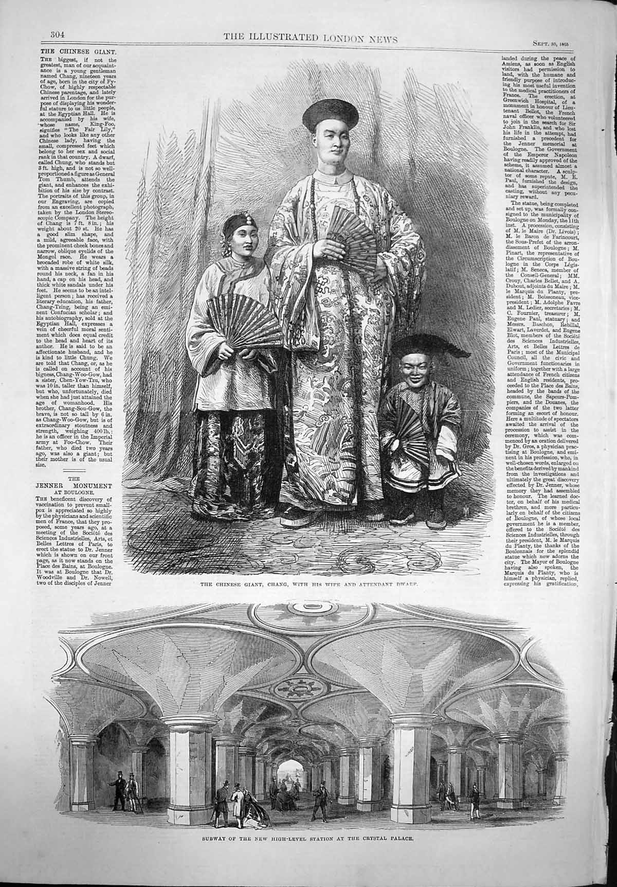 Original Old Antique Print 1865 Chinese Giant Chang Dwarf Subway Station 19th