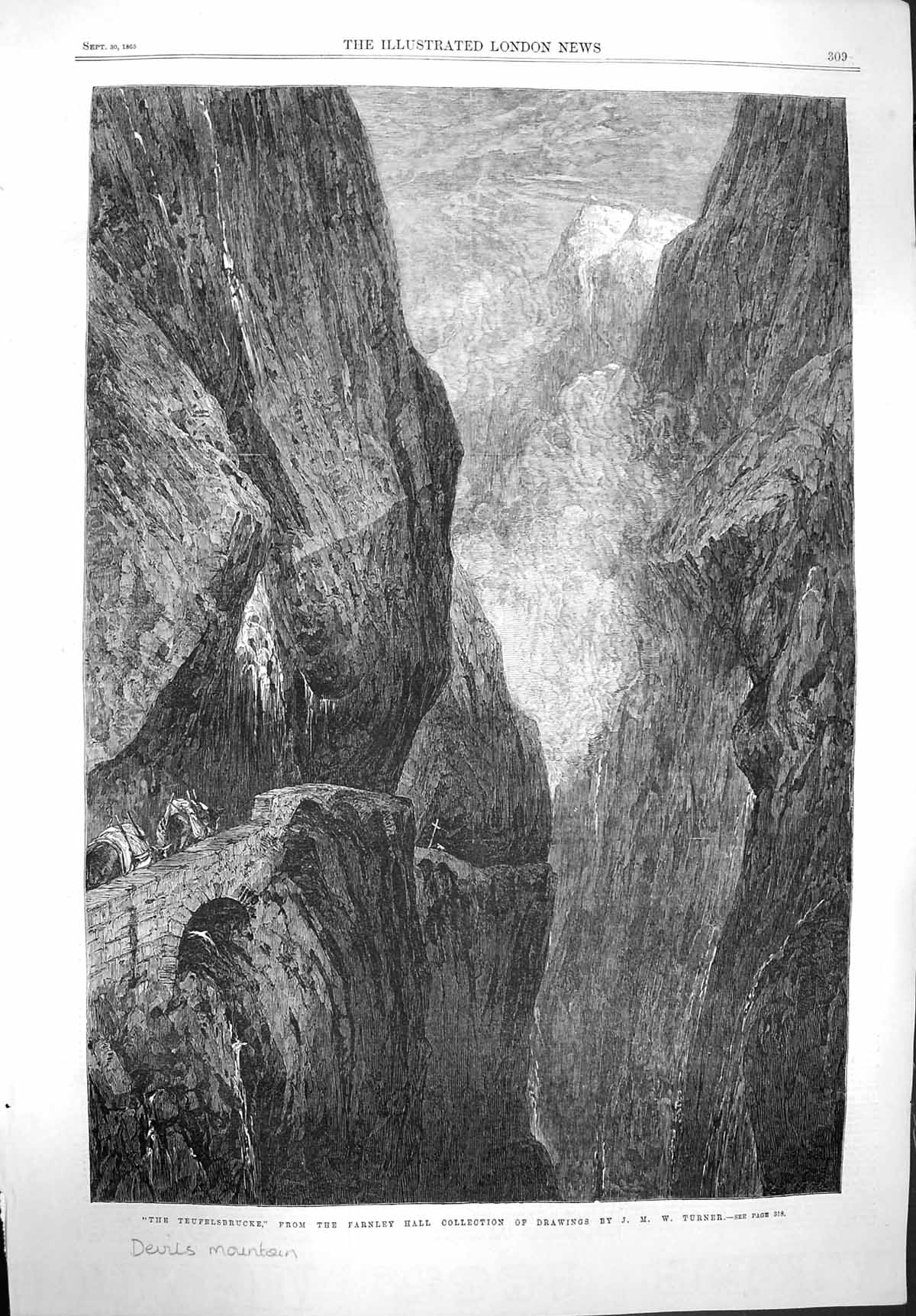 Original Old Antique Print 1865 Devil'S Mountain Teufelsbrucke Fine Art Farnley