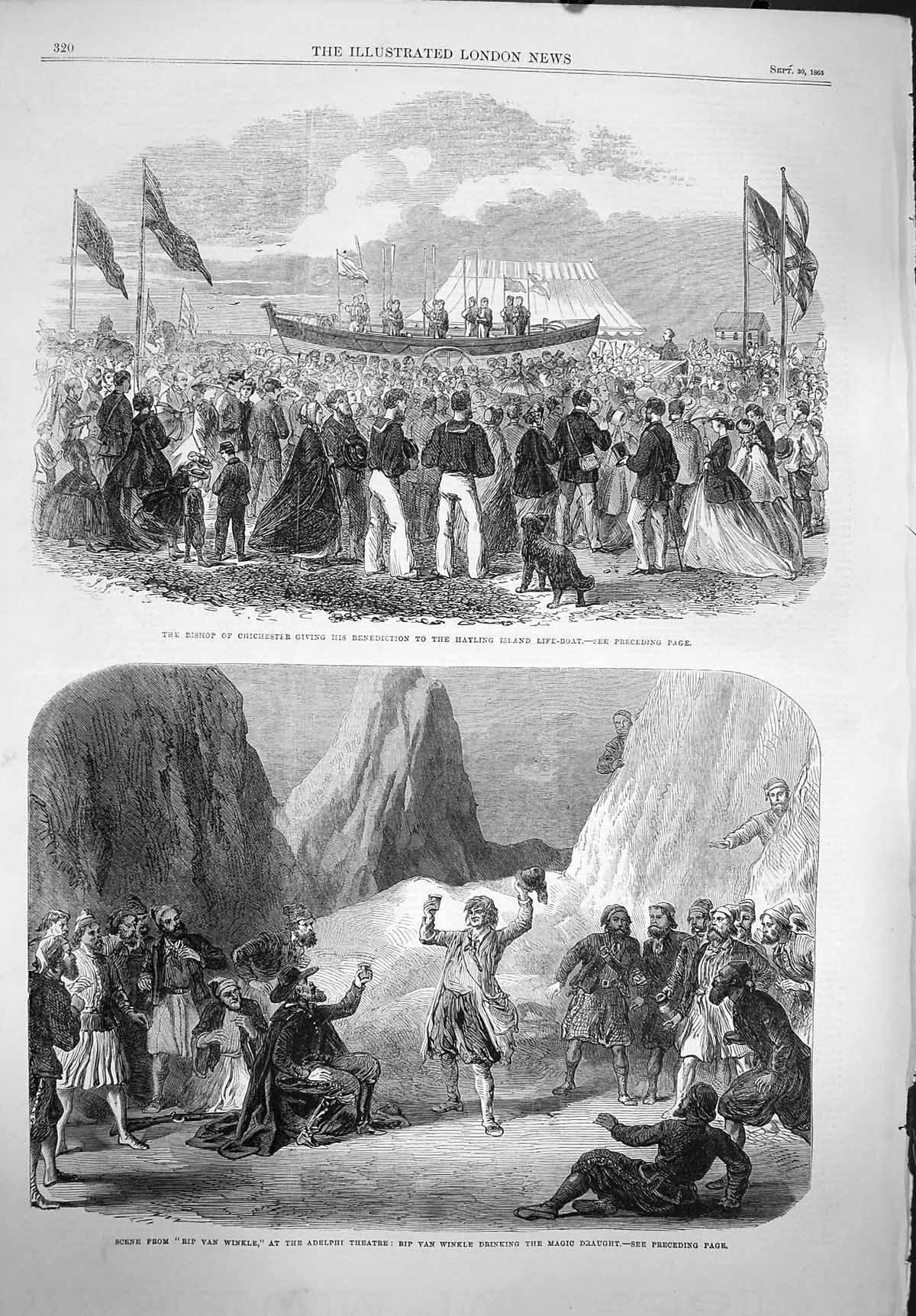 Original Old Antique Print 1865 Bishop Chichester Hayling Life-Boat Theatre 19th
