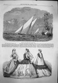 Original Old Antique Print 1865 Paris Fashion Regatta Lisbon Royal Yacht Club