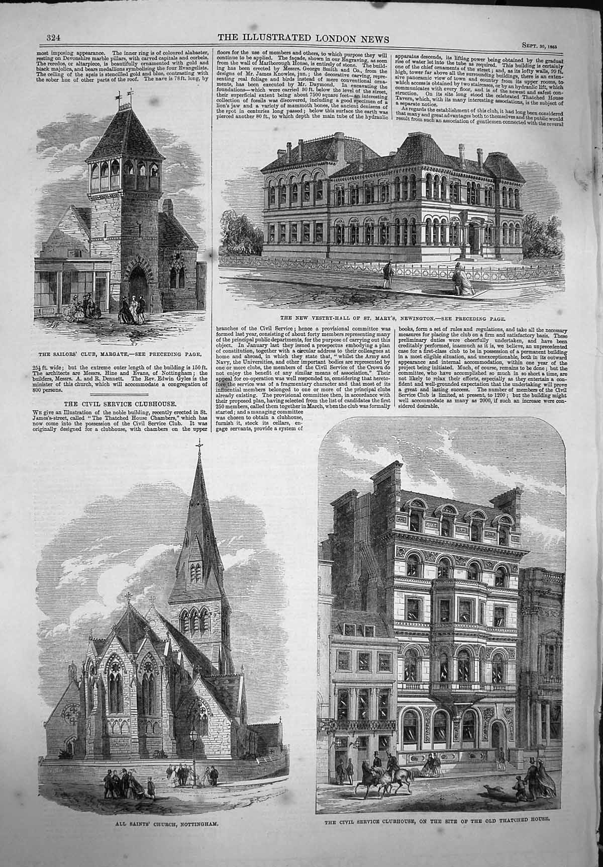 Old Antique Print 1865 Vestry Mary'S Newington Church Sailors Clubhouse 19th