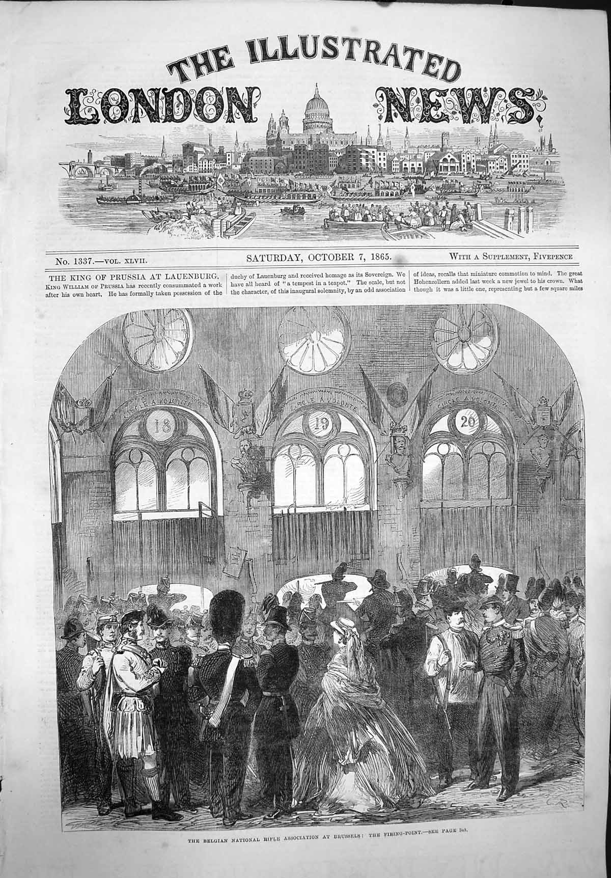 Original Old Antique Print 1865 Belgian National Rifle Association Brussels