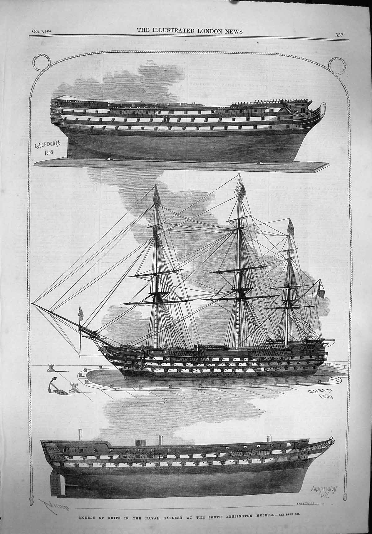 Original Old Antique Print 1865 Ships Navy Gallery Kensington Queen Caledonia