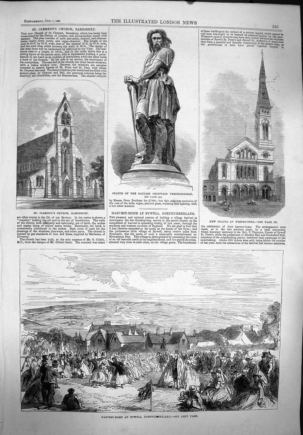 Old Antique Print 1865 Harvest Bywell Chapel Westminster Church Chieftain 19th