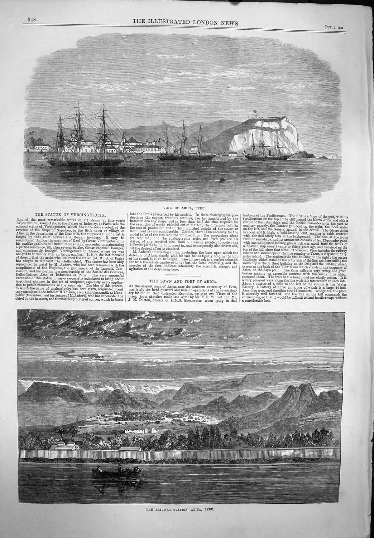 Original Old Antique Print 1865 View Arica Peru Ships Railway Station Mountains