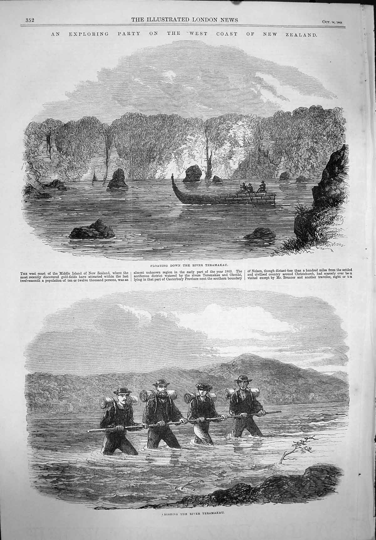 Original Old Antique Print 1865 Exploring New Zealand River Teramakau Wanganui