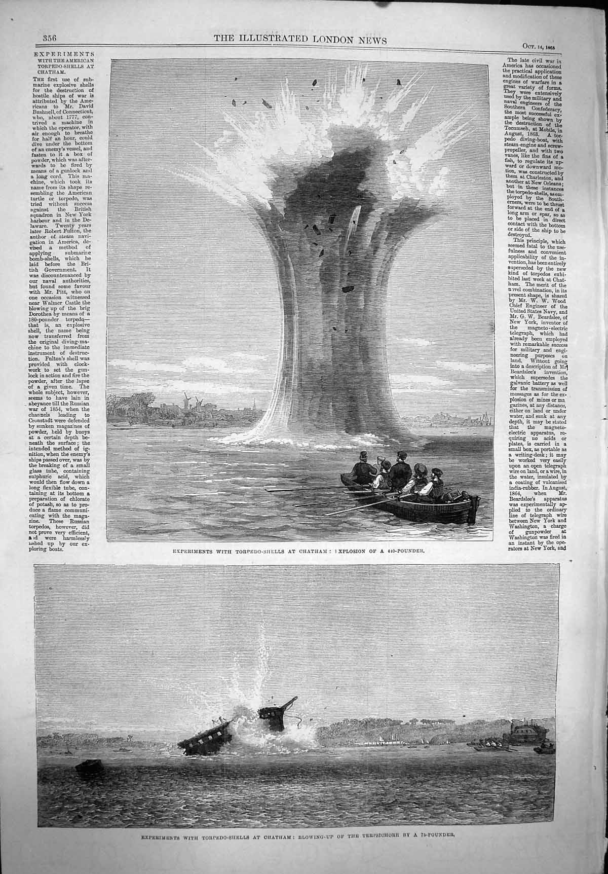 Original Old Antique Print 1865 Experiments Torpedo Shells Chatham Terpsichore