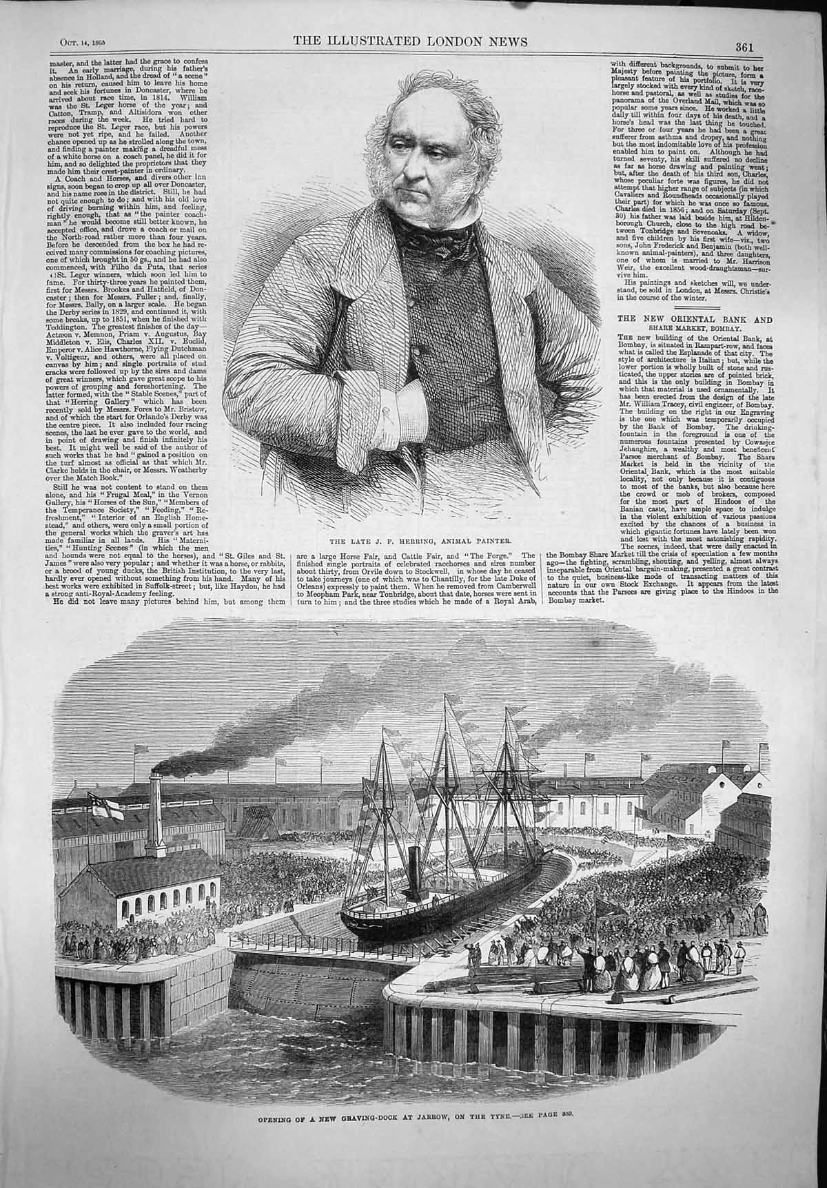 Original Old Antique Print 1865 Herring Animal Painter Graving Dock Jarrow Tyne