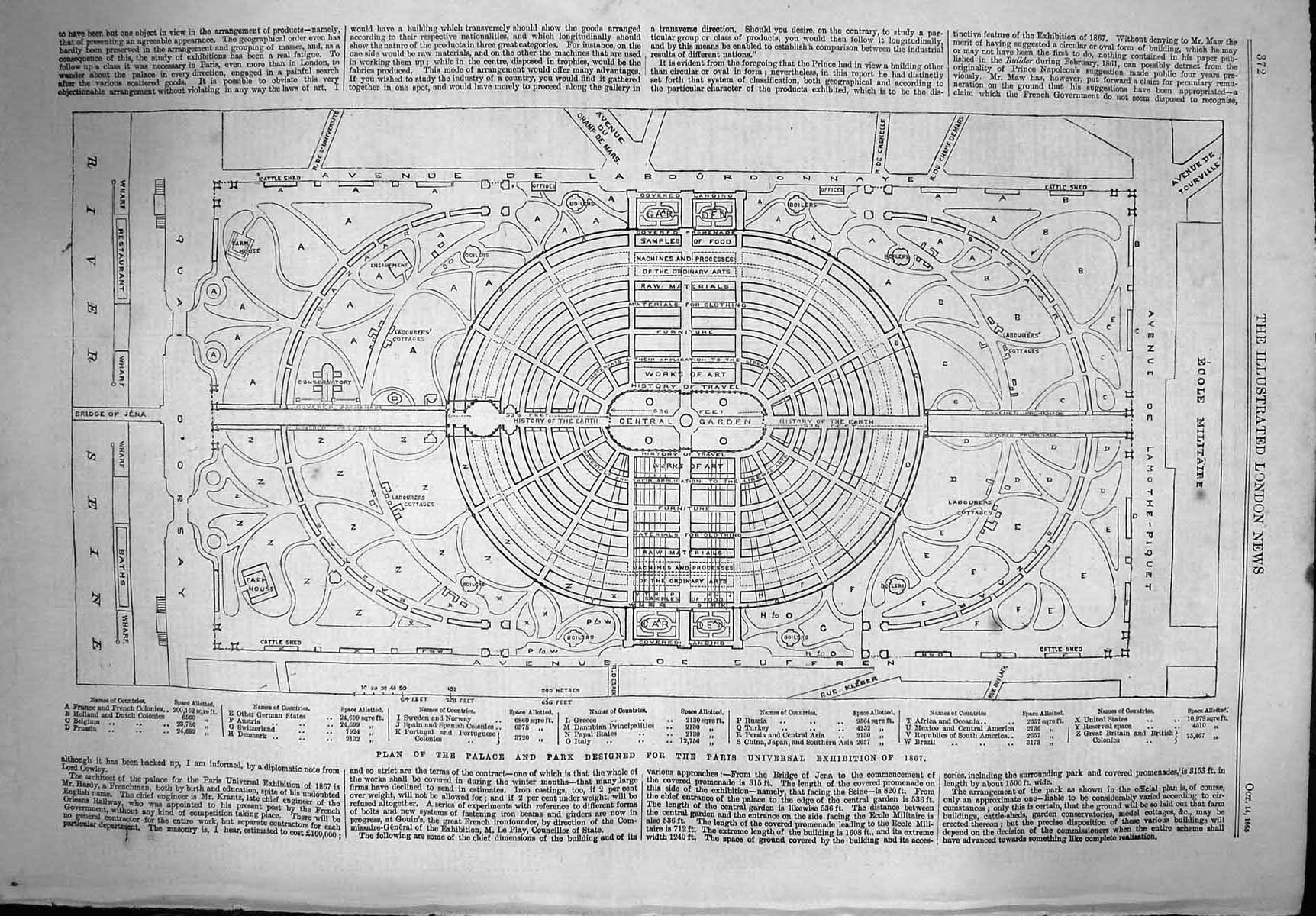Old Antique Print 1865 Plan Palace Park Paris Universal Exhibition France 19th