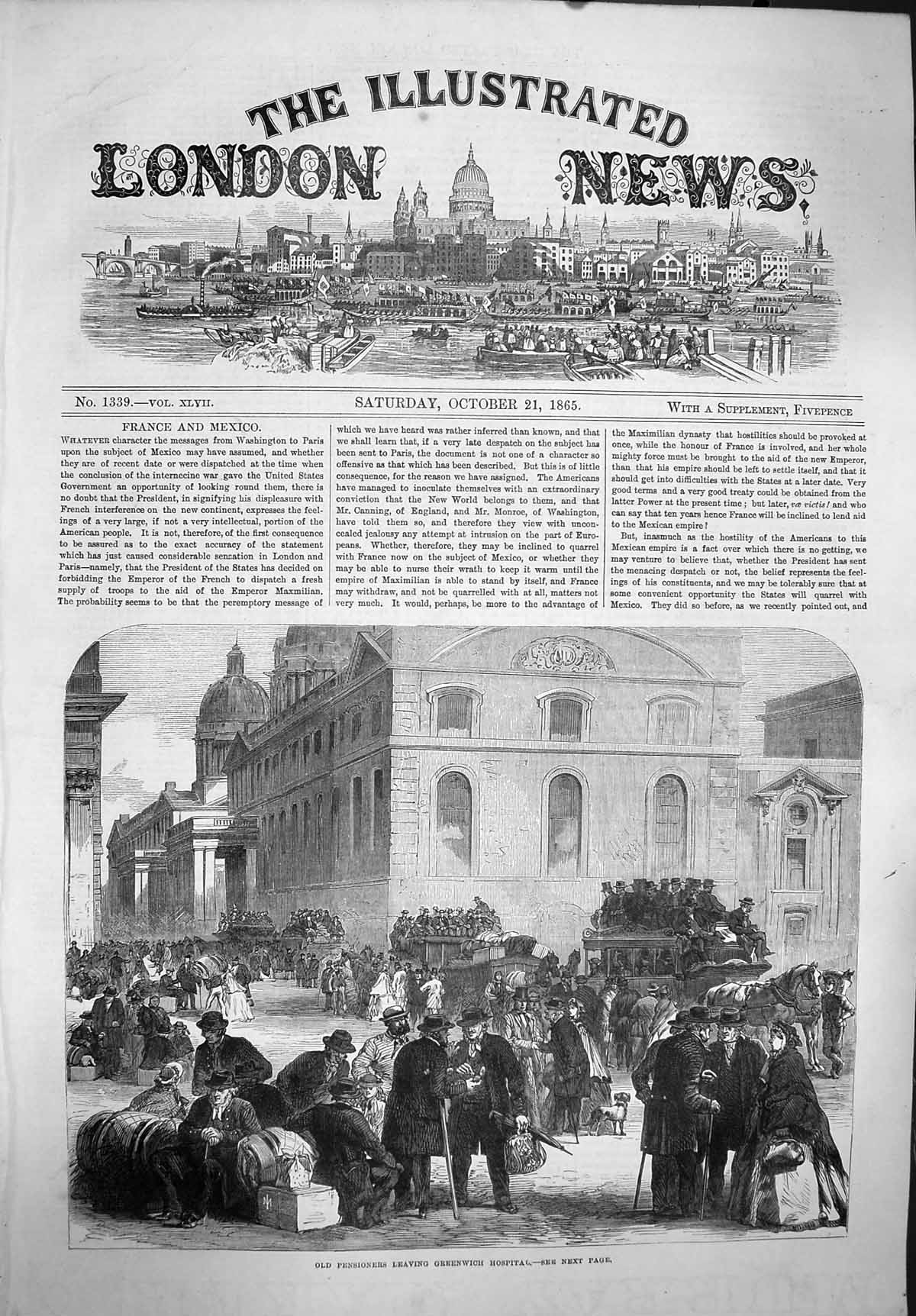 Original Old Antique Print 1865 Pensioners Leaving Greenwich Hospital Transport