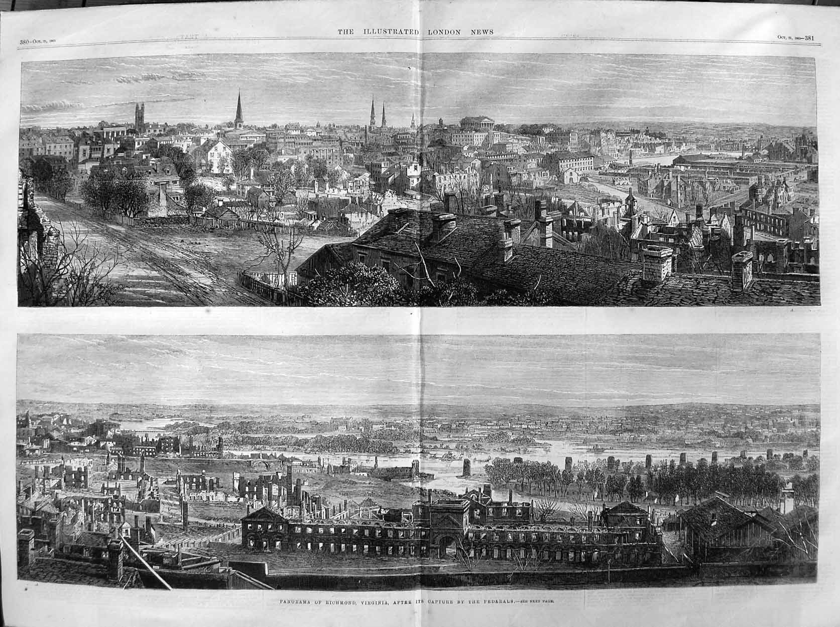 Original Old Antique Print 1865 Panorama Richmond Virginia Capture Federals