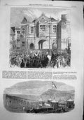 Old Antique Print 1865 Opening Corn Exchange Aylesbury Pier Aberystwith 19th