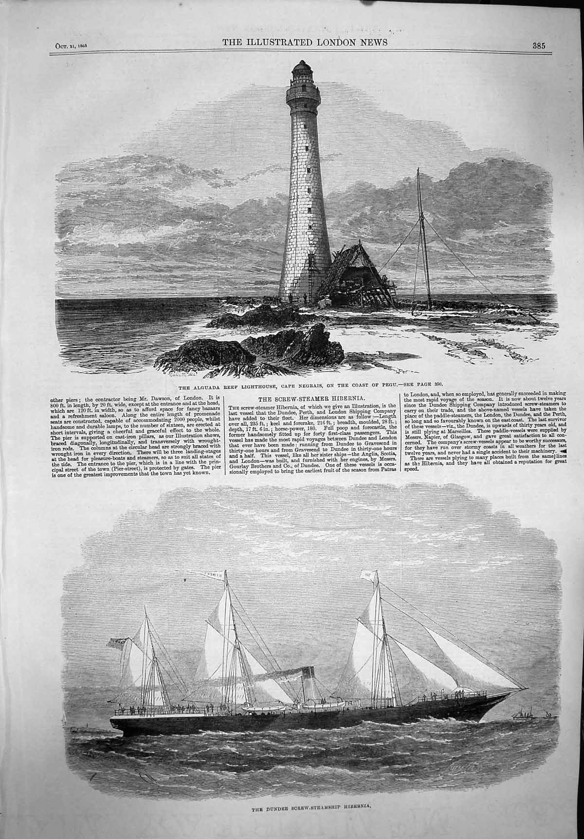 Old Antique Print 1865 Alguada Lighthouse Cape Pegu Dundee Ship Hibernia 19th