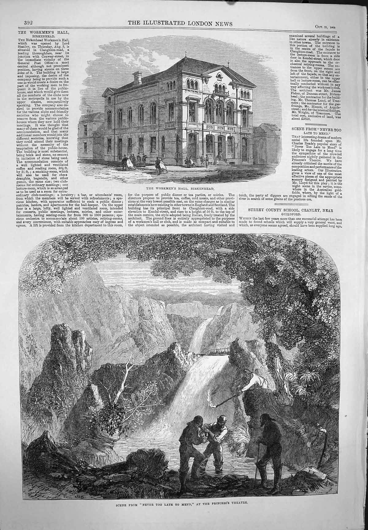 Old Antique Print 1865 Workmen'S Hall Birkenhead Princess Theatre Scene 19th