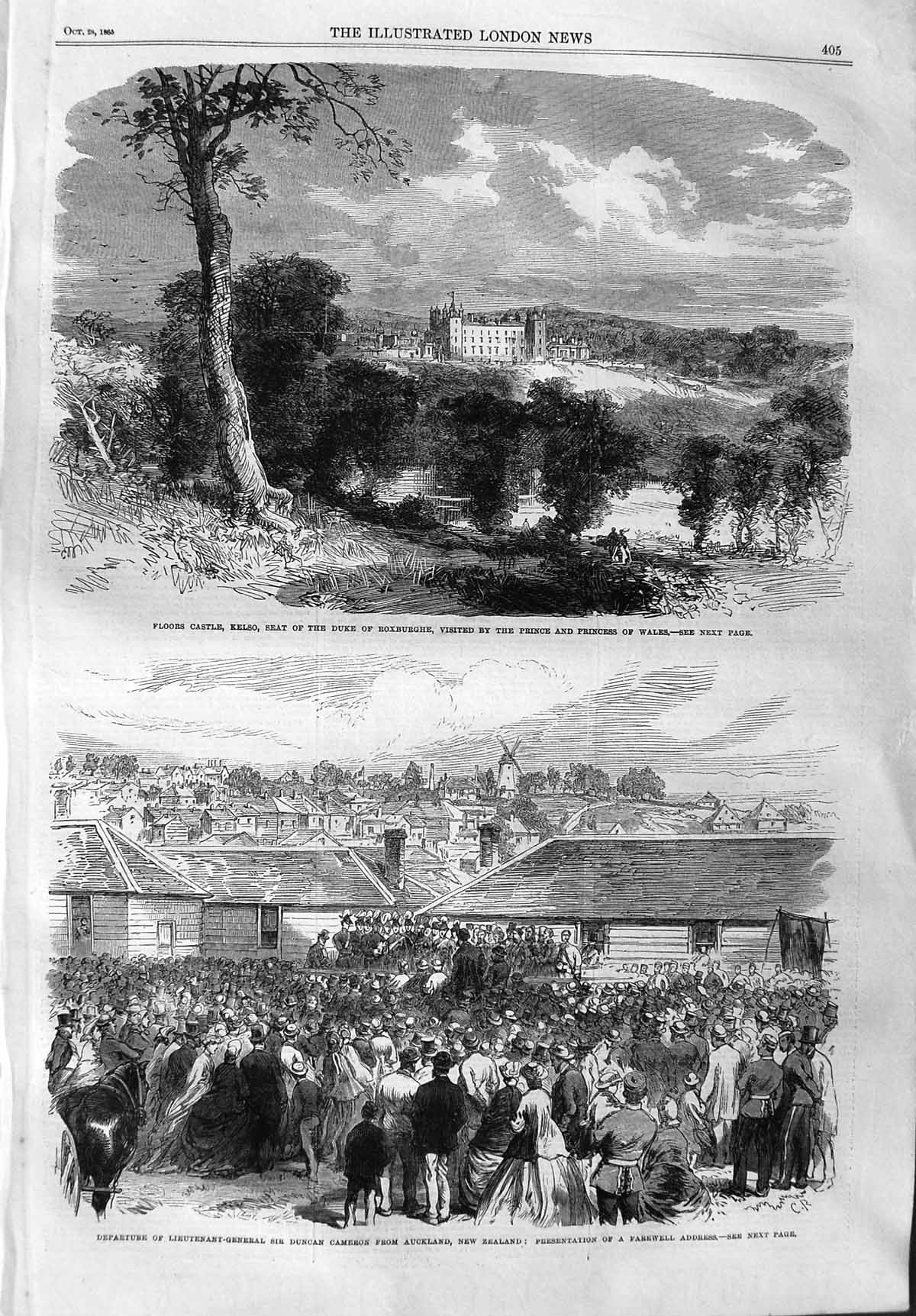 Old Antique Print 1865 Floors Castle Kelso Duke Roxburghe Duncan Cameron 19th